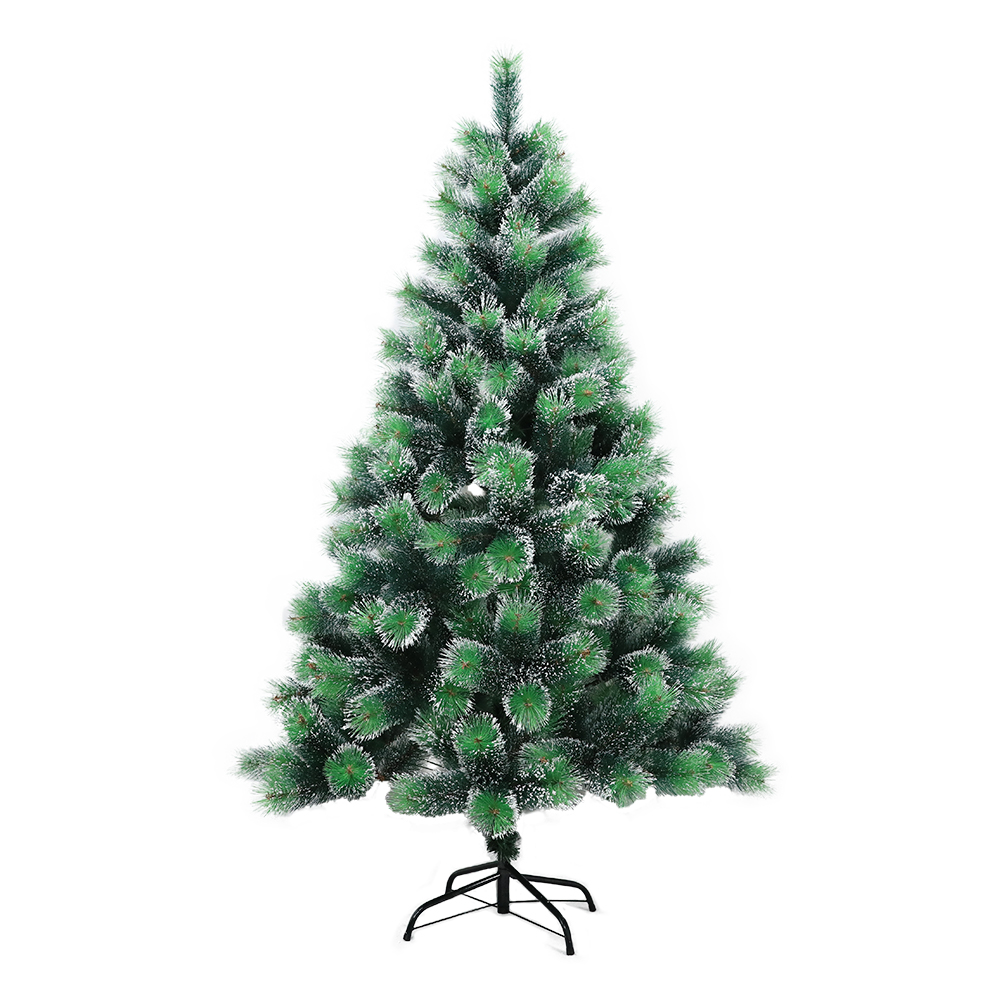 Two green pine neddles artificial Christmas tree snowy