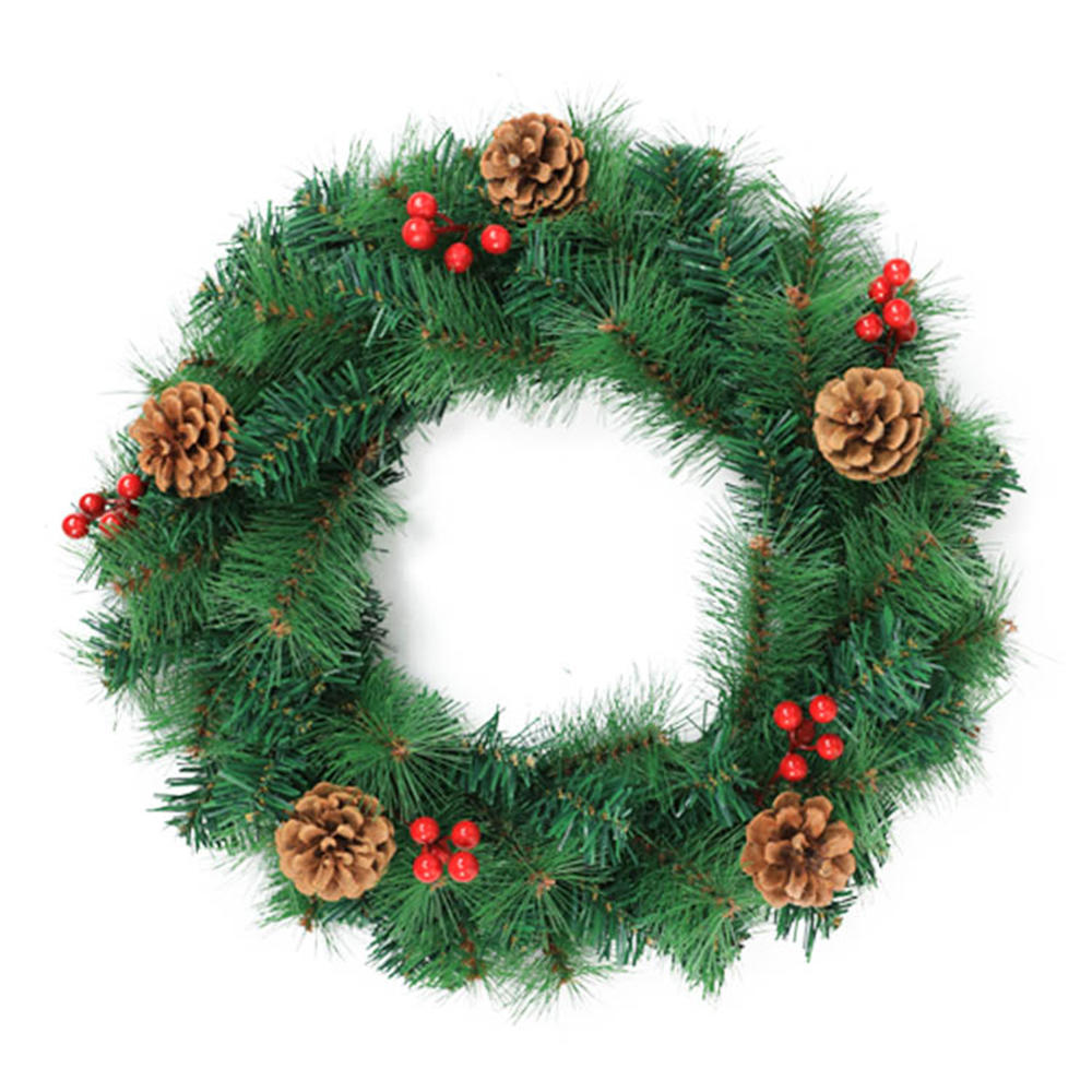 W05 green pvc and pine needle Christmas wreath with pine cone and red Berries